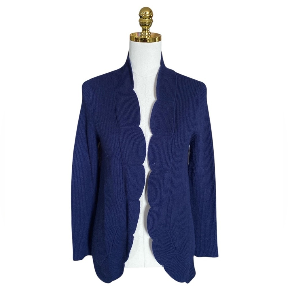 Two Bees 100% Cashmere Navy Blue Scalloped Open Front Womenâs Knit Cardigan S